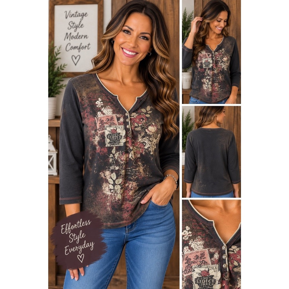 B.L.E.U. Women 1X Y2K Floral Rhinestone Henley Top 3/4 Sleeve Made USA